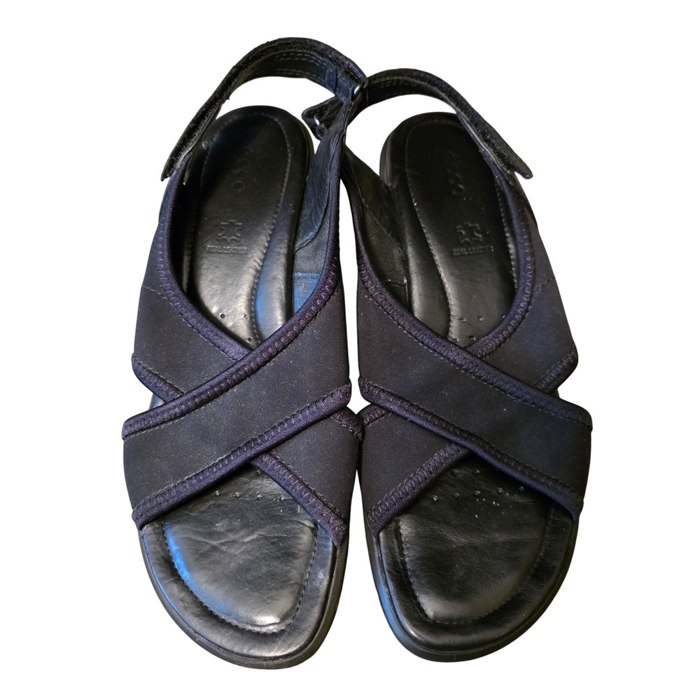 ECCO Women Black Leather Crisscross Slingback Wedge Sandals Size 38